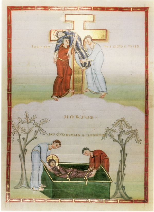 Kreuzabnahme Christi, Codex Egberti, Fol. 85v